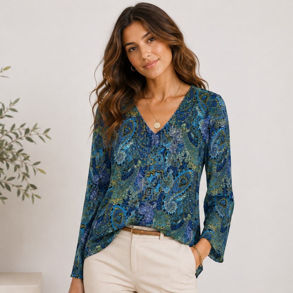 Susan Graver Liquid Knit Blouse Women's Size L Blue Paisley Office Boho Casual